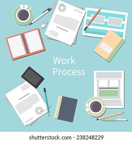 Work process concept with top view of office desk with smartphone, paper documents and personal accessories of businessman in flat design