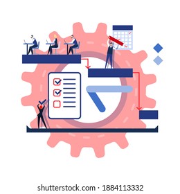 Work process concept. Workers makes a different project tasks. Vector illustration.