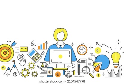 Work process concept. Young woman working project with laptop. Analysis plans 