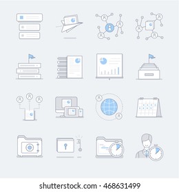 Work process line icons in blue pastel color. Included the icons as office, supplies, stack, goal, management, priorities and more.