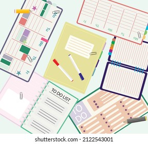 Work process make weekly timetable, top view morning team meeting. Self-organization and education, office tools stationery for work, timetable board or scrapbooking, to-do list, filling out notepad