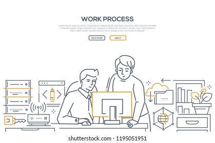 Work process - modern line design style banner on white background. High quality composition with two men, business colleagues discussing the project at the computer, one helping another