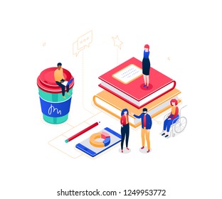 Work process - modern vector isometric colorful illustration on purple background. A composition with business people, male, female workers, coffee cup, books, smartphone, pencil. Office life concept