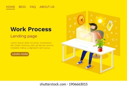 Work Process office room, landing page website, developer freelancer. Vector illustration 