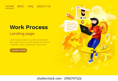 Work Process office room, landing page website, developer freelancer. Vector illustration 