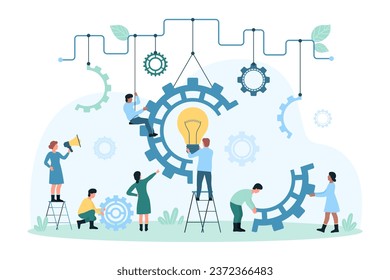 Work process on digital creative idea and innovation vector illustration. Cartoon team of tiny people holding parts of machine, characters put light bulb inside gear together, research tech solutions