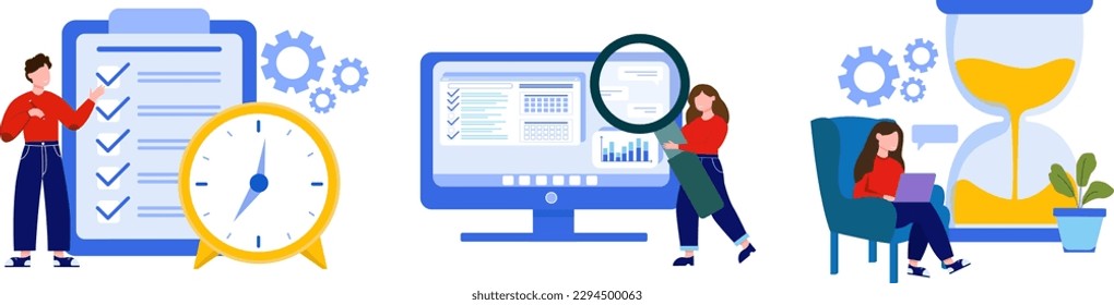 Work process. Set of vector illustrations about planning and performing tasks. Guy creates list of tasks, girl checks, woman develops. Fixation of project implementation, time control