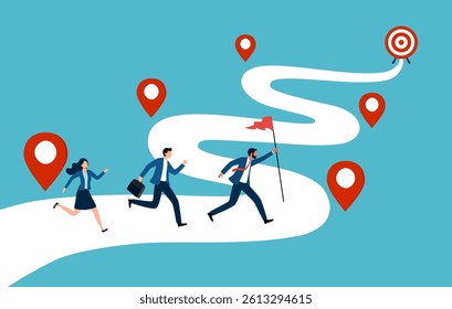 Work process, Timeline to success, Roadmap, Project planning, Timeline, Progress in business, Team of business people running on a timeline to target.