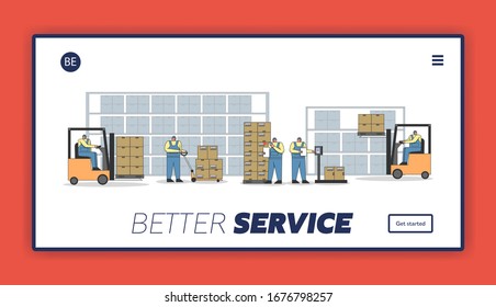 Work Process In Warehouse With Work Personnel. Website Landing Page. Workers Are Scanning, Weighting, Loading And Unloading Parcels. Cartoon Linear Outline Flat Style. Vector illustration