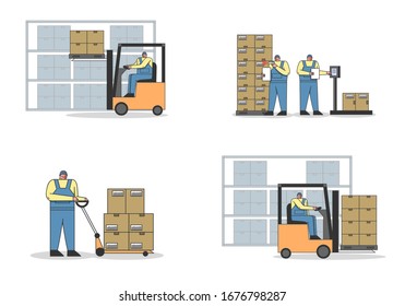 Work Process In Warehouse With Work Staff. People Are Scanning, Weighing, Loading And Unloading Parcels, Meet The Deadline Of Shipment Goods. Set Of Cartoon Linear Outline Flat Vector illustrations