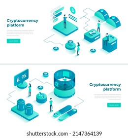 Work processing cryptocurrency platform modern business technology isometric landing page set vector illustration. People monitoring commercial trade market use electronic device web banner