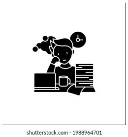 Work procrastinating glyph icon.Unnecessarily postpone dealing work-related tasks. Tired person.Overload concept.Filled flat sign. Isolated silhouette vector illustration