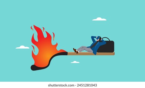 work procrastination, businessman sleeping on a burning matchstick, risk of delaying work, deadline concept vector illustration