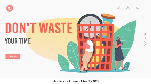 Work Procrastination Page Template. Tiny Business Characters Idle at Huge Basket with Alarm Clocks Wasting Time and Money, Businesspeople Laziness, Time Management. Cartoon People Vector Illustration