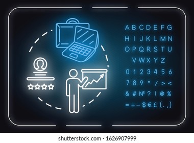 Work productively neon light concept icon. Successful workflow planning idea thin line illustrationidea. Outer glowing sign with alphabet, numbers and symbols. Vector isolated RGB color illustration