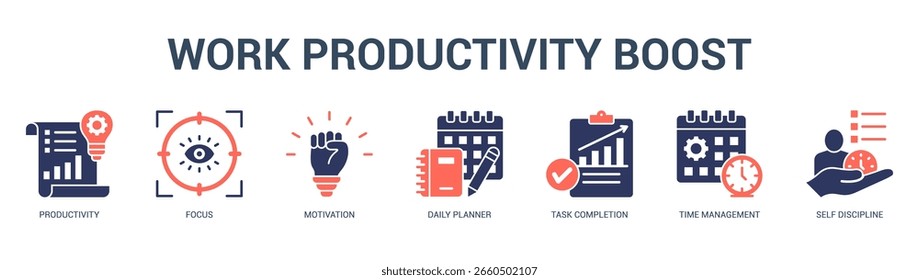 Work Productivity Boost Modern and clean web banner illustration featuring thematic icons for visual communication