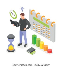 Work productivity isometric composition with man completed 75 percent of business task vector illustration