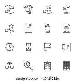 Conjunto de iconos de línea de productividad de trabajo, colección de símbolos de vector de contorno, paquete de pictogramas de estilo lineal. Ilustración del logotipo de los carteles. El conjunto incluye iconos: balance de trabajo, caridad, asociación, inversión, administración