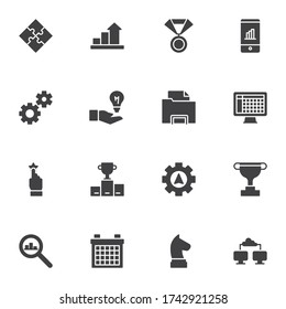 Work productivity vector icons set, modern solid symbol collection, filled style pictogram pack. Signs, logo illustration. Set includes icons as award cup, puzzle, setting gear, strategy, feedback