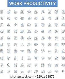 Work productivity vector line icons set. Efficiency, Productivity, Quality, Output, Results, Accomplishments, Proficiency illustration outline concept symbols and signs