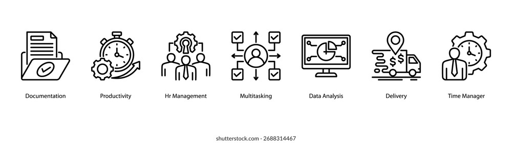 Ícone de vetor do banner da Web de Produtividade do Trabalho ilustração com Documentação, Produtividade, Gerenciamento de RH, Multitarefa, Análise de Dados, Entrega e Gerenciador de Tempo.