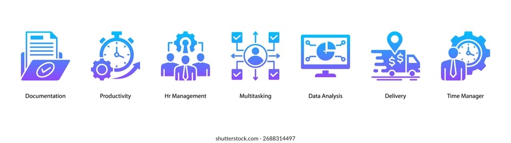 Ícone de vetor do banner da Web de Produtividade do Trabalho ilustração com Documentação, Produtividade, Gerenciamento de RH, Multitarefa, Análise de Dados, Entrega e Gerenciador de Tempo.