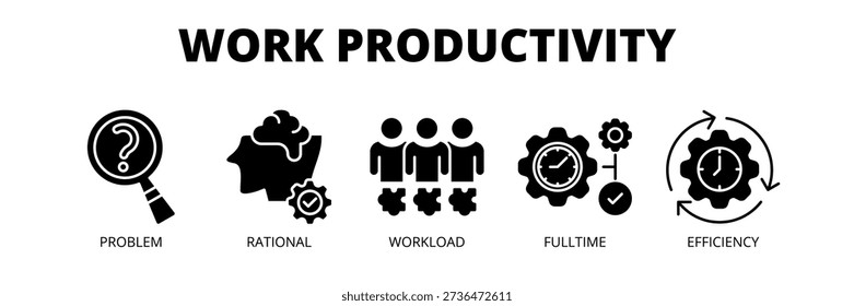 Work Productivity web banner icon vector illustration concept with icons of problem, rational, workload, fulltime, and efficiency.
