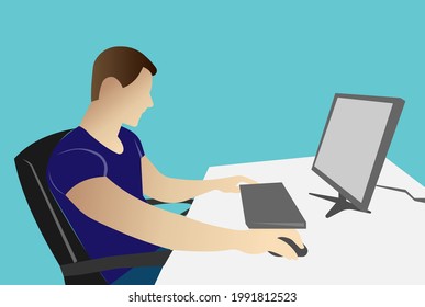The work of a programmer. The freelancer is sitting in a chair at the computer. Flat vector illustration.