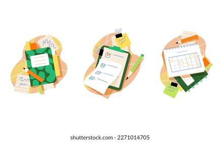 Work in progress concept. Notes, to do list and deadline calendar. Hard work set ups. Vector illustration, flat style