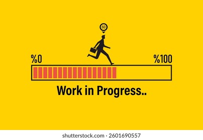 Work in progress loading bar with silhouette businessman running on bar to achieve full progress