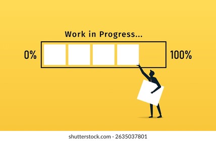 Work In Progress. A man puts last cube to the progress bar, yellow colored background