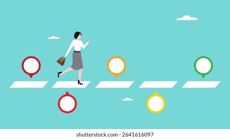 work progress milestone or step to success, career path with Timeline project planning, plan or strategy flowchart diagram, business woman running on career path with target milestone