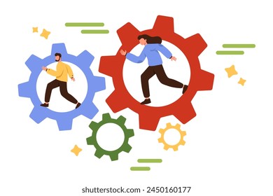 Work progress, organization and productivity of strong business team. Tiny people running inside system of gears together, success teamwork and operations of managers cartoon vector illustration