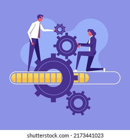 Work in progress - project management concept - team with gear box mechanism and loading indicator scale
