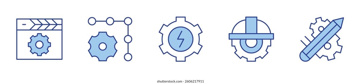 work in progress, script, settings, power, helmet. Gear Icon vector illustration. Line Duotone style. Editable stroke.