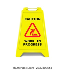 Work in progress standing caution sign board realistic vector illustration. Double-sided folding yellow display stand with editable design svg