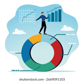 Work progress or steps toward success. Entrepreneurs analyze data charts and financial graphs for decision-making.