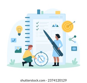 Arbeitsprojektplanung, Checkliste Vektorgrafik. Cartoon winzige Leute, die Stift und Timer halten, um Plan in Tageszeitschrift zu schreiben und Geschäftsziele zu überprüfen, tippen Sie auf Liste zu tun Notizblock in Papier