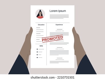 Work promotion, hands holding a CV with a PROMOTED red rubber stamp printed on