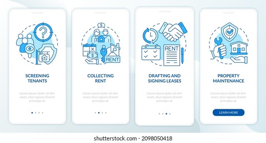 Work of property agent blue onboarding mobile app screen. Works walkthrough 4 steps graphic instructions pages with linear concepts. UI, UX, GUI template. Myriad Pro-Bold, Regular fonts used