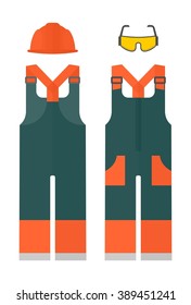 Work protective overalls.Conceptual image of work wear for builder. Cartoon flat vector icon and illustration. Objects isolated on a background. 