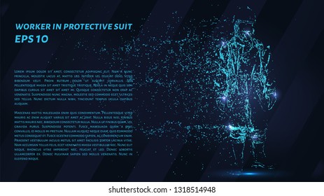 Work in a protective suit of particles on a dark background. Chemical protection from circles and dots