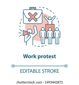 Work protest concept icon. Social demonstration, labor union strike, communism idea thin line illustration. Angry workers, people with megaphone vector isolated outline drawing. Editable stroke