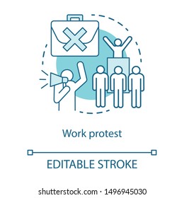 Work protest concept icon. Social demonstration, labor union strike, communism idea thin line illustration. Angry workers, protesters with megaphone vector isolated outline drawing. Editable stroke