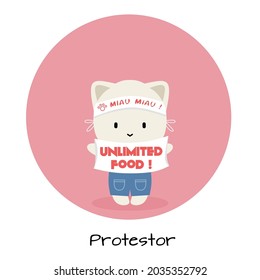 Work as protestor. Simple cute cat character profession as protestor. Introduction profession in the world easy to understand Flat vector illustration. 