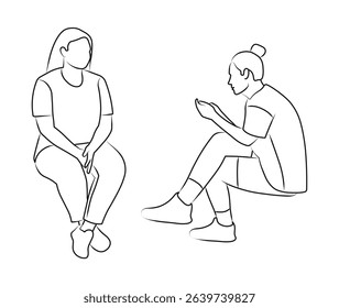 Work of a psychologist and a client with gadget addiction, sketch of seated female silhouettes