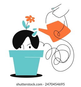 Work with a psychologist - colorful flat design style illustration with linear elements. Orange and blue picture with man in flower pot being watered from watering can. Psychological help metaphor