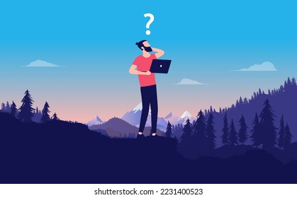 Work question - Man standing with laptop alone feeling lost with question mark, scratching head ready to ask questions. Vector illustration 