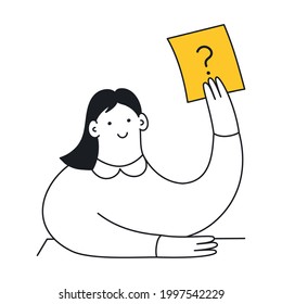 Work questions, doubts, hypotheses, or assumptions. A cute cartoon elegant girl is holding a yellow card with a question mark. Thin outline vector illustration on white.