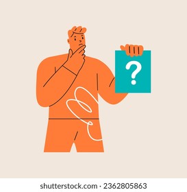 Work questions, doubts, hypotheses. Man is holding a card with a question mark. Colorful vector illustration
